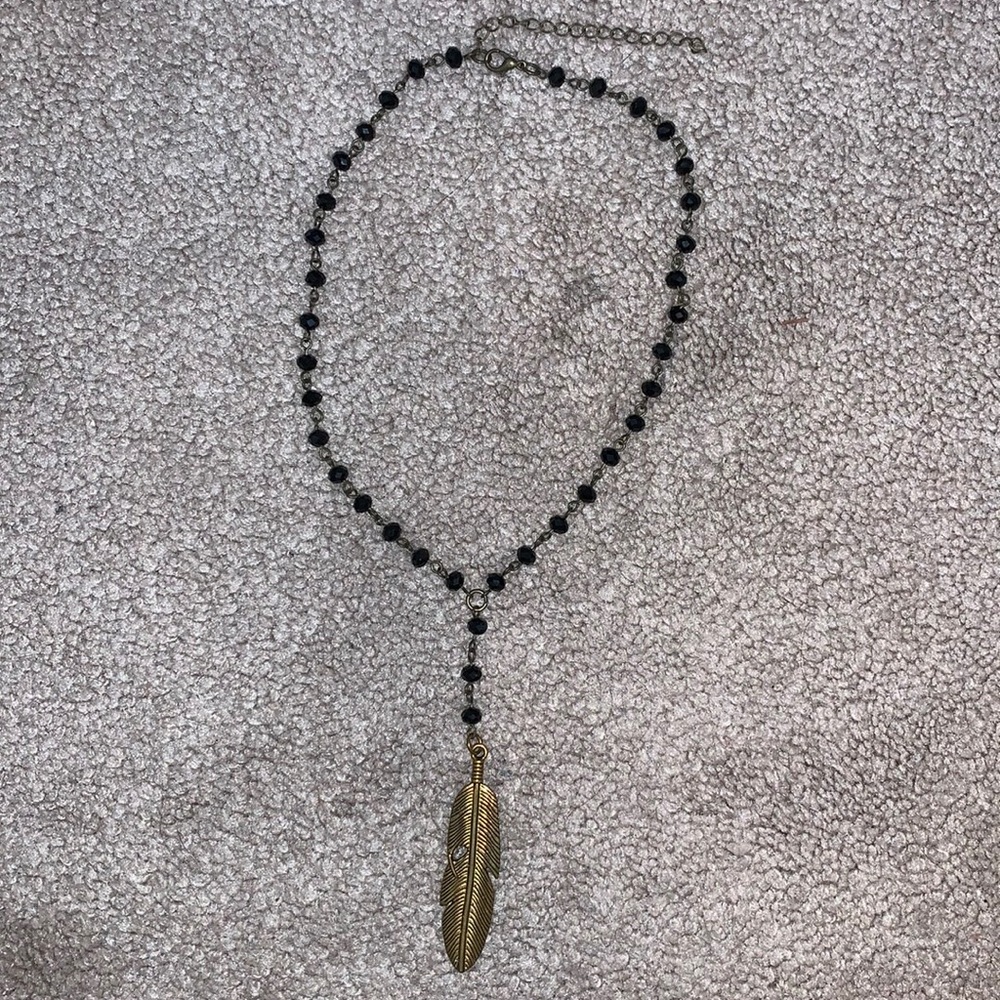 Black Bead Gold Feather Necklace
